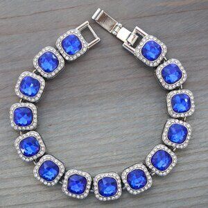 12.5mm Blue Square Halo Diamond Chain Rhinestones Bracelet Silver Plated